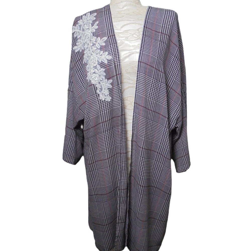 Cardigan Embroidered Duster Coat LARGE Long Houndstooth lightweight crepe summer